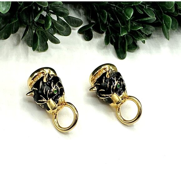 Vintage Gold Tone and Black Enamel Panther Head Earrings - Picture 3 of 10